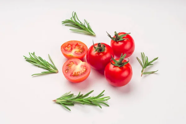 Freshly Picked Tomatoes Rosemary Twig Isolated White Background Organic Farming — Stock Photo, Image