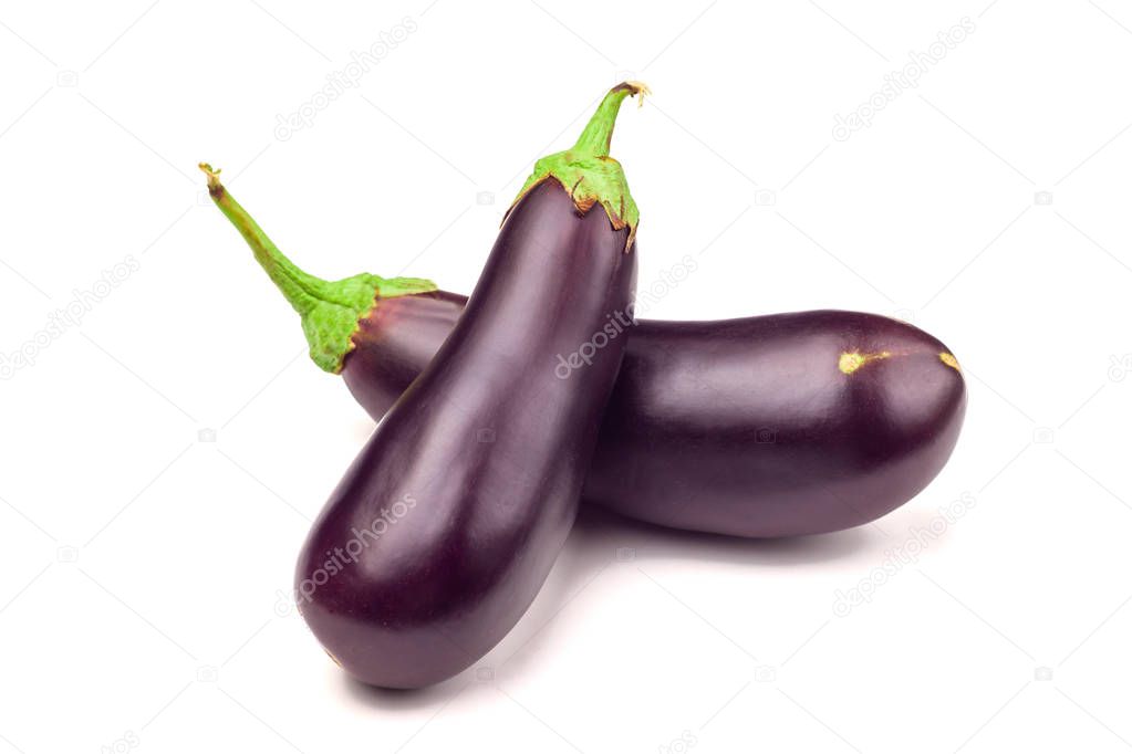 Fresh Eggplant vegetable with stem isolated on white background. Aubergine with clipping path