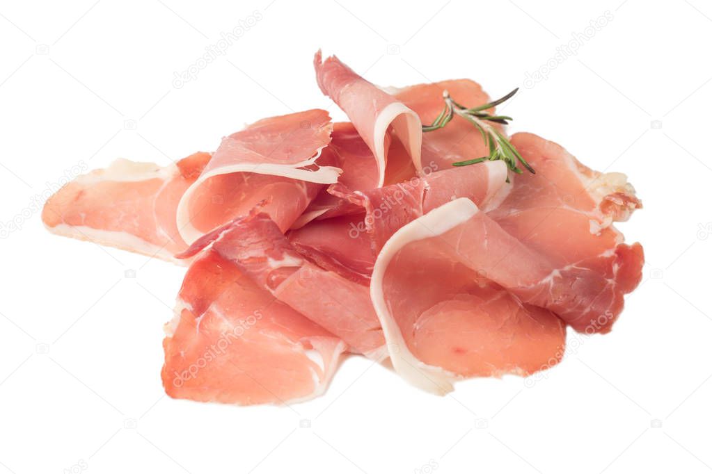 Sliced hamon prosciutto isolated on white background