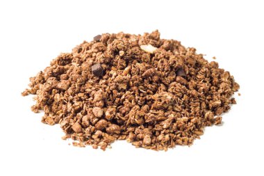 Fotoğraf izole beyaz arka plan, müsli doku, chokolate ve kaju fıstığı desen, iyi bir sağlık için tahıl tahıl granola kazık