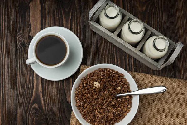 Pequeno Almoço Saudável Tigelas Aveia Granola Com Café Leite Pano — Fotografia de Stock