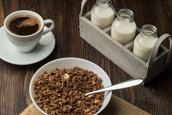 Coffee Milk Wooden Table Cup Coffee Muesli White Bowl Low — Stock Photo, Image