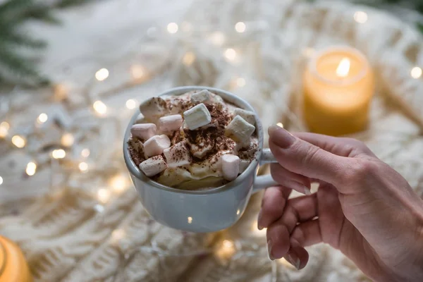 Woman Hands Takes Mug Hot Cacao Marshmallows Knitted Cloth Mug — Stock Photo, Image