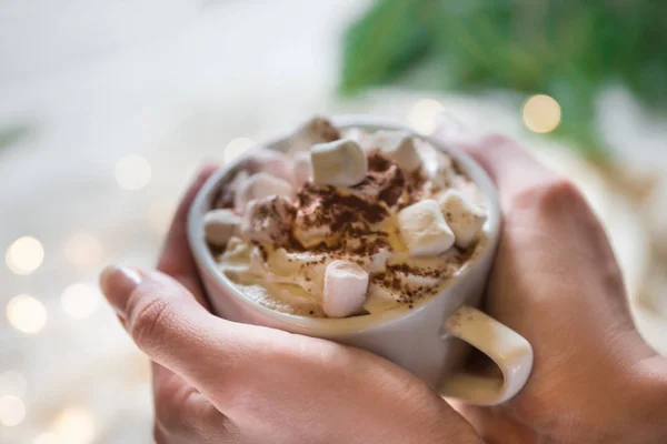 Woman Hands Takes Mug Hot Cacao Marshmallows Knitted Cloth Mug — Stock Photo, Image