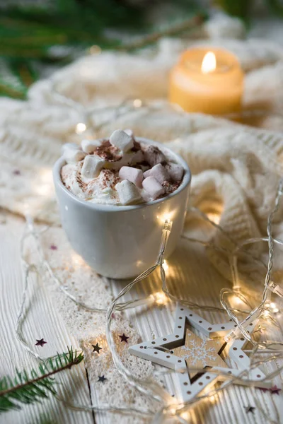 Whuite Cup Hot Chocolate Drink Marshmallows Cinnamon Rustic Wooden Background — Stock Photo, Image