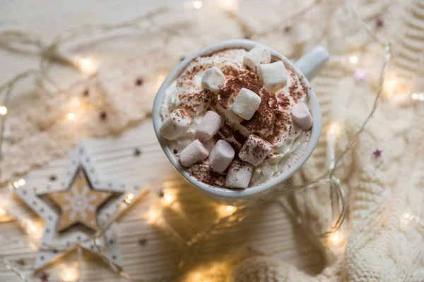 Whuite Cup Hot Chocolate Drink Marshmallows Cinnamon Rustic Wooden Background — Stock Photo, Image