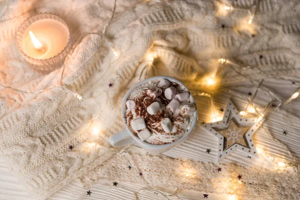 Holiday Concept Christmas Composition Cup Hot Chocolate Marshmallow Warm Knitted — Stock Photo, Image