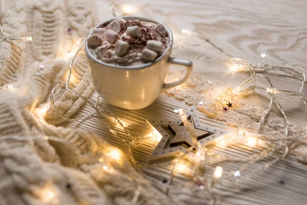 Holiday Concept Christmas Composition Cup Hot Chocolate Marshmallow Warm Knitted — Stock Photo, Image