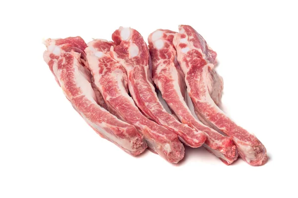Heap Deliciosas Fatias Costelas Porco Cruas Isooladas Fundo Branco — Fotografia de Stock