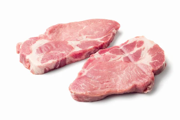 Chuletas Frescas Cerdo Crudas Aisladas Sobre Fondo Blanco Vista Superior — Foto de Stock