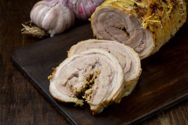 Doğrama Kurulu beyaz boya kurulları sarımsak ile soyulması dilim kesmek Kavrulmuş Pork omuz.