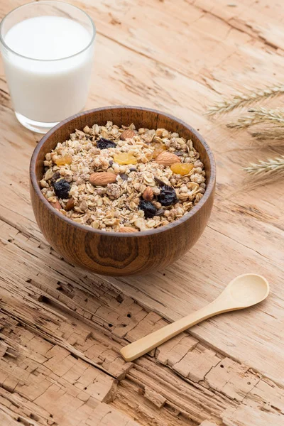 Breakfast Granola Bowl Muesli Oats Nuts Dried Fruit Milk Wooden — Stock Photo, Image