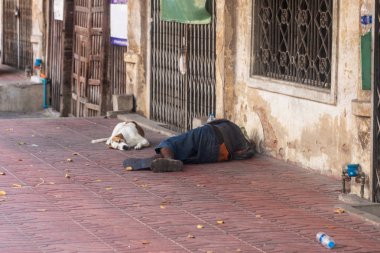 Evsiz bir adam ve sokakta, Çin Mahallesi sokak uyku köpek