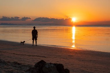 Gün batımında sahilde duran köpekli bir adam. Tayland