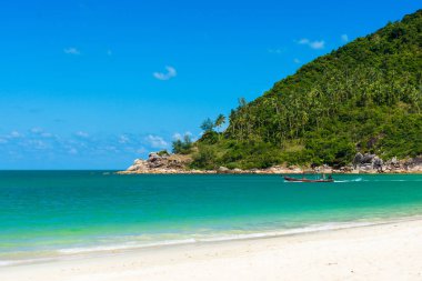 Bir pelerin ve deniz suyunda taze yeşil ağaçlar ile sahil şeridi