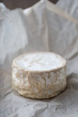 Camembert, buruşuk kağıt arka plan üzerinde yumuşak peynir