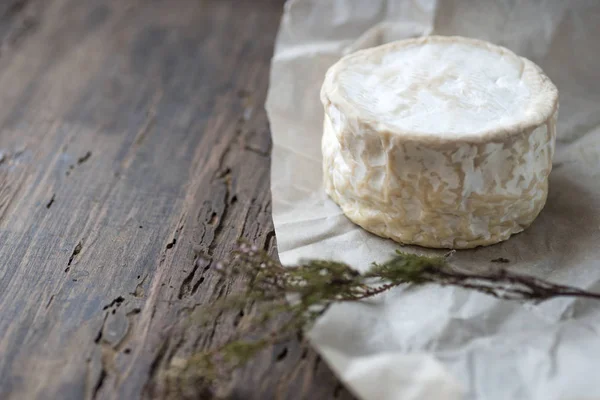 Camembert, mjuk ost på skrynkligt papper bakgrund — Stockfoto