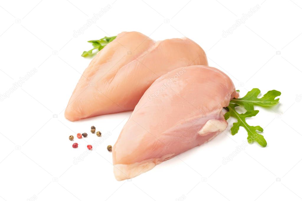 Raw chicken meat with spices, isolated on white