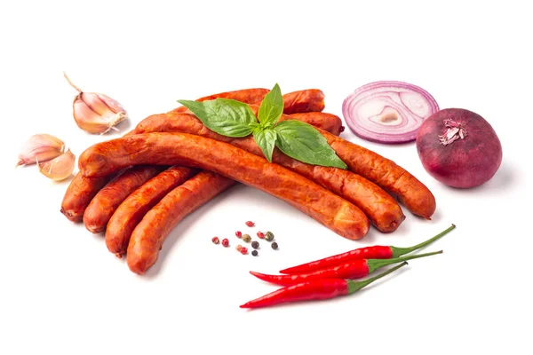 Traditional German Smoked Sausages, close-up, isolated on white — Stock Photo, Image