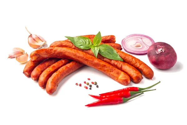 Traditional German Smoked Sausages, close-up, isolated on white — Stock Photo, Image