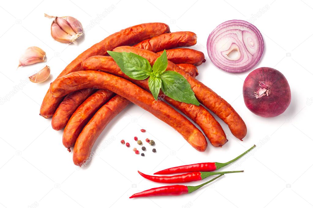 Traditional German Smoked Sausages, close-up, isolated on white 