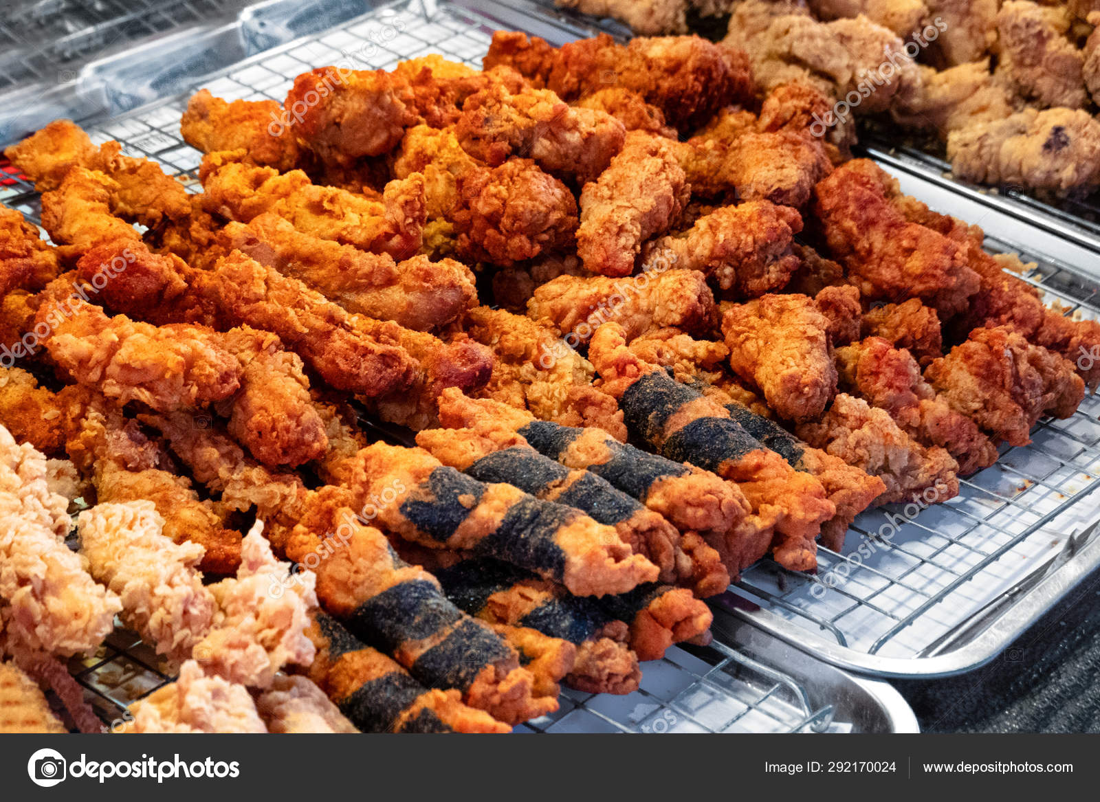 Deep Fried Shrimps And Crispy Chicken Skin Thai Street Food At
