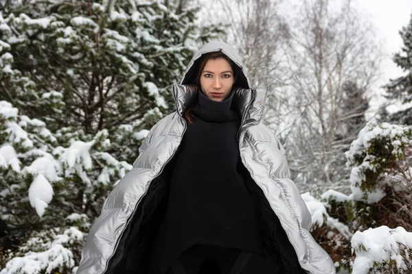 Dışarıda, karlı havada mutlu genç bir kadının hayat tarzı portresi. — Stok fotoğraf