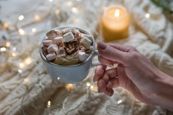 New Year or Christmas with Hot cacao coffee chocolate with marsh — Stock Photo, Image