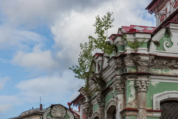 Egy Régi Fehér Épület Romjai Parkban Tetőn Növekvő Téglaoszlopok Fák — Stock Fotó