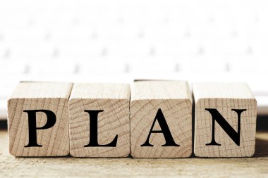 Planı. Plan kelimesini bina ahşap küp blok