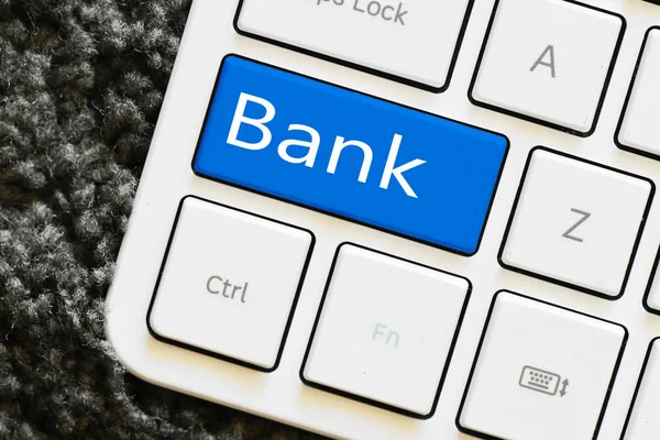 BANK. Bank on the computer keyboard, close-up view