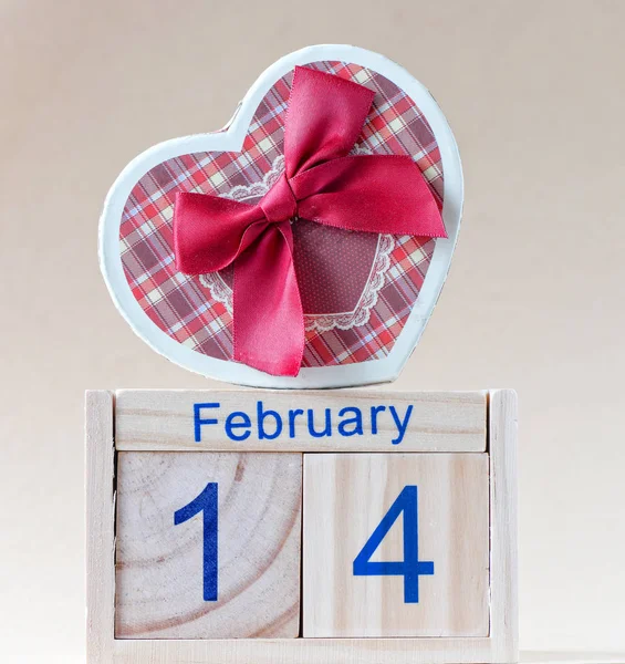 February Wooden Calendar Heart Valentine Day Background — Stock Photo, Image