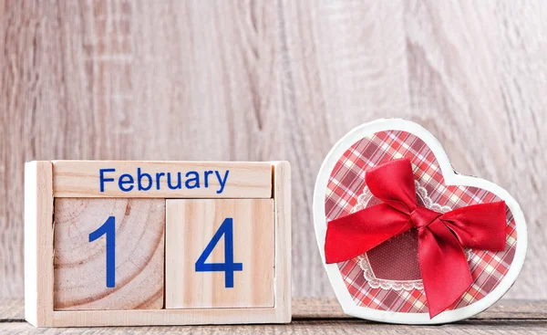 Febbraio Calendario Legno Cuore San Valentino Sullo Sfondo — Foto Stock