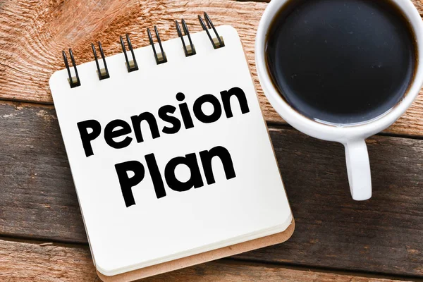 Notepad Text Pension Plan Cup Coffee — Stock Photo, Image