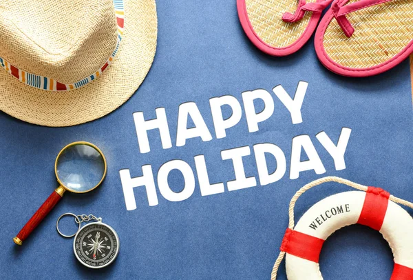 Top View Happy Holiday Lettering Hat Compass Flip Flops Blue — Stock Photo, Image