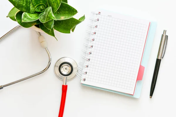 Paper Spiral Notebook Red Stethoscope Pen Green Plant Leaves — Stock Photo, Image