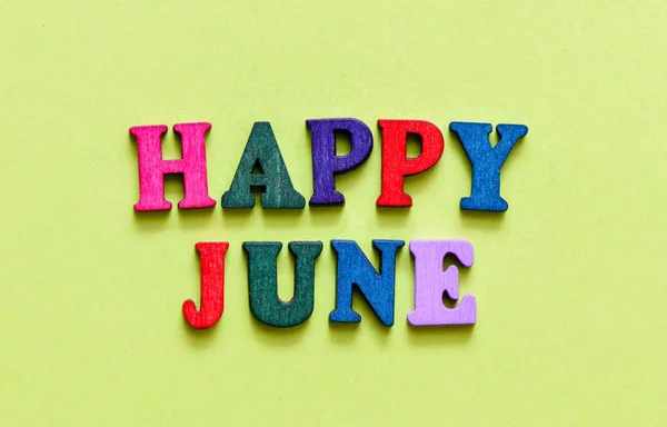 Wooden Happy June Lettering Green Background — 스톡 사진