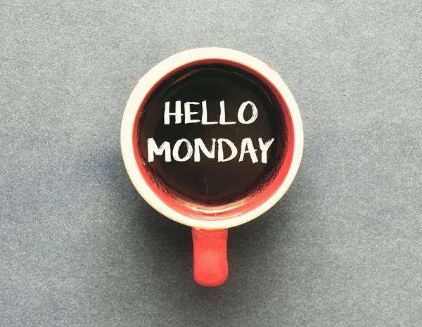 Hello Monday Lettering Red Coffee Cup Grey Background — Stock Photo, Image