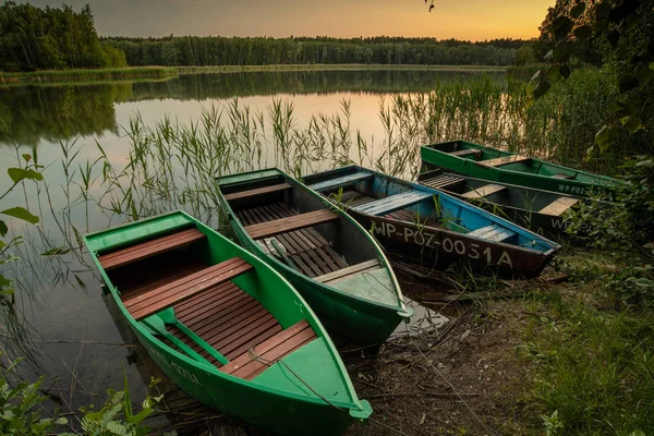 Trä Båtar Vid Sjön Med Skog Bakgrunden — Stockfoto