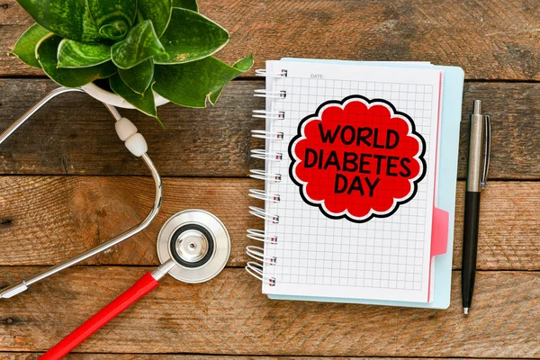 Top View Notebook World Diabetes Day Lettering Stethoscope — Stock Photo, Image