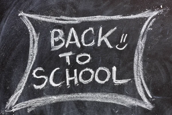 Back to school written on a chalk board.