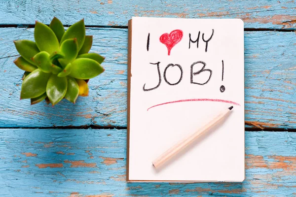 Amo Mia Iscrizione Lavoro Notebook Matita Pianta Vaso Sfondo Legno — Foto Stock