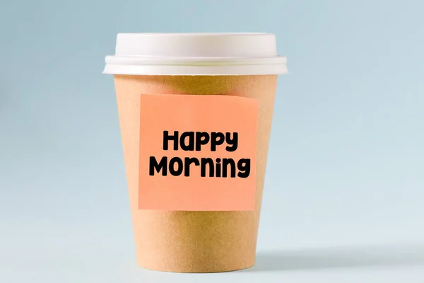 行くコーヒーと幸せな朝のレタリングと付箋 — ストック写真