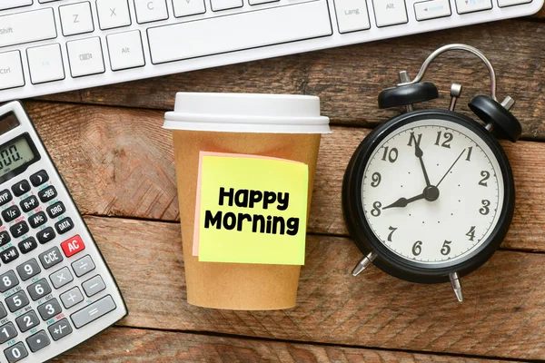 Kawa Zrobienia Notatki Happy Morning Napis — Zdjęcie stockowe