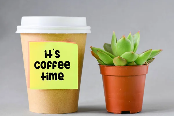 Café Para Nota Pegajosa Com Seu Tempo Café Lettering Planta — Fotografia de Stock