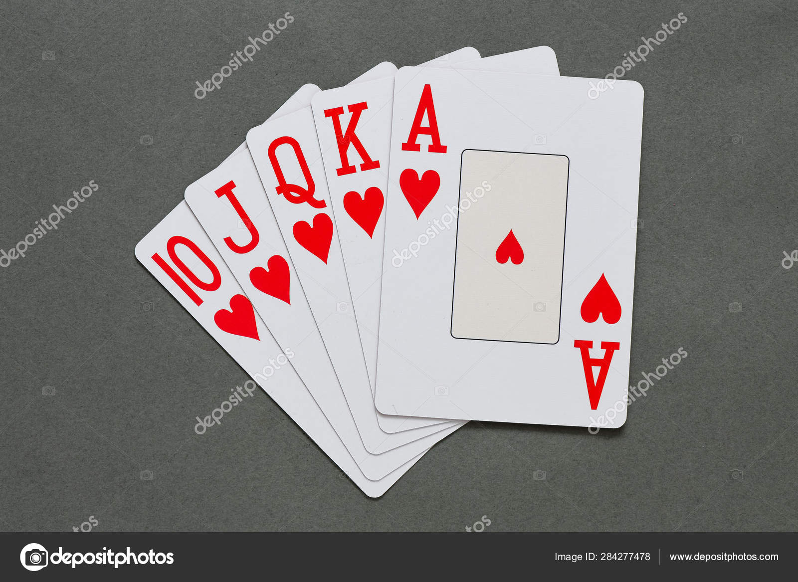 Royal Straight Flush Playing Cards Grey Background Poker Concept