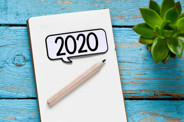 Top View Notebook Speech Bubble 2020 Symbol Pencil Green Succulent — Stock Photo, Image