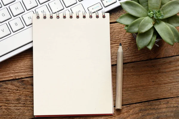 Blank Notepad Coffee Cup Office Wooden Table — Stock Photo, Image