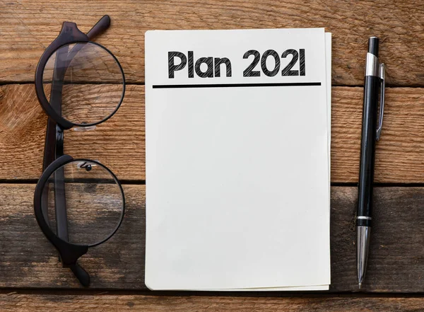 Plano 2021 Palavras Escritas Caderno Escritório Conceito Nos Negócios Planos — Fotografia de Stock