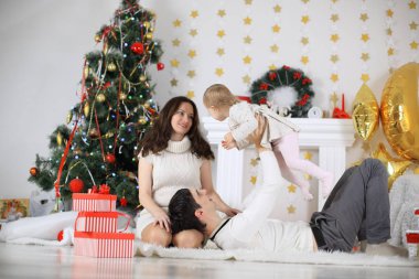 Profil yan portresi iki neşeli sevimli tatlı ihale güzel sevimli sevimli romantik gri saçlı evli eşlerin karı koca evde köknar ağacının yanında enfolding